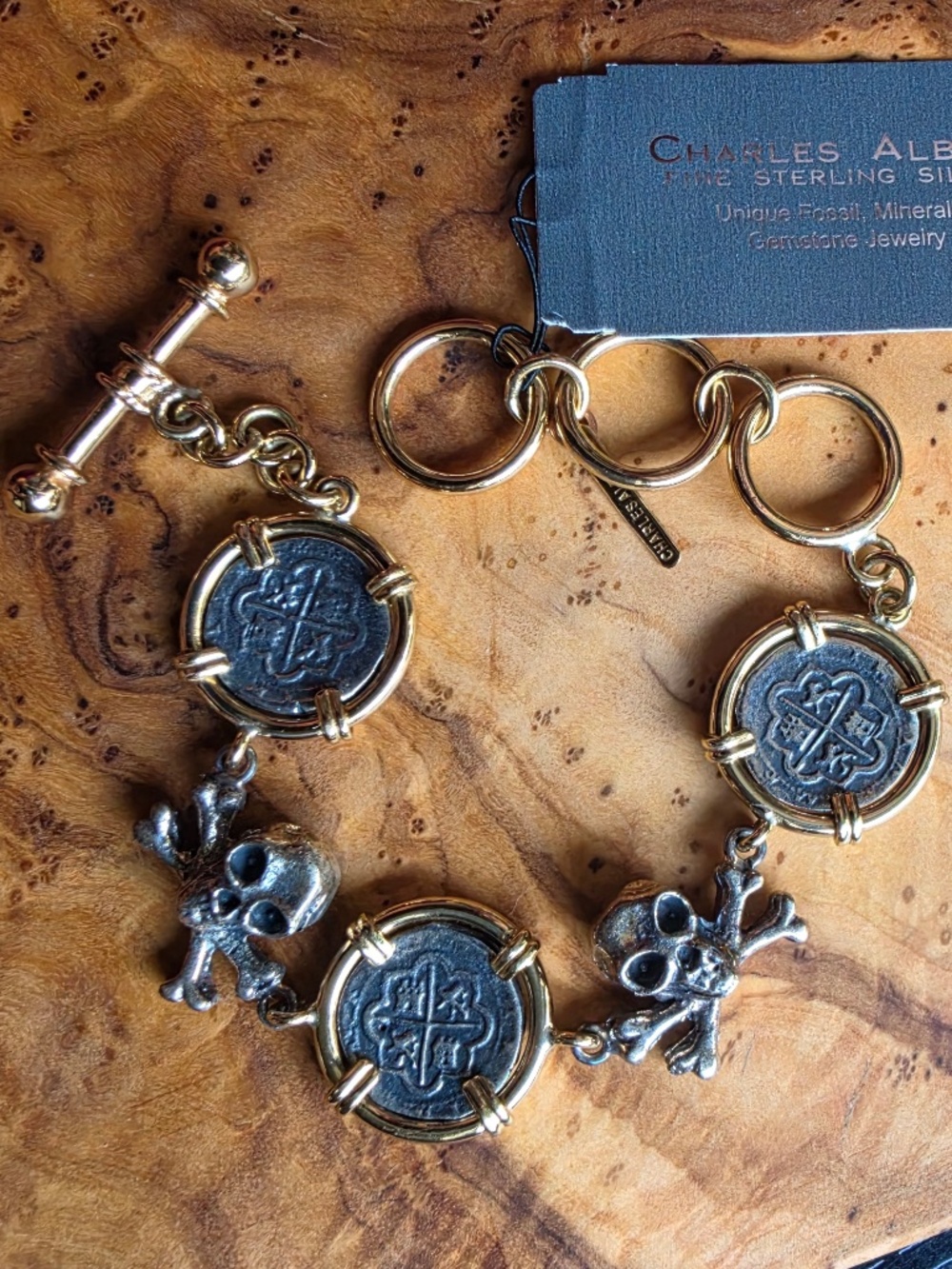Sterling Silver and Alchemia Replica Spanish Coin & Skull & Crossbones Bracelet